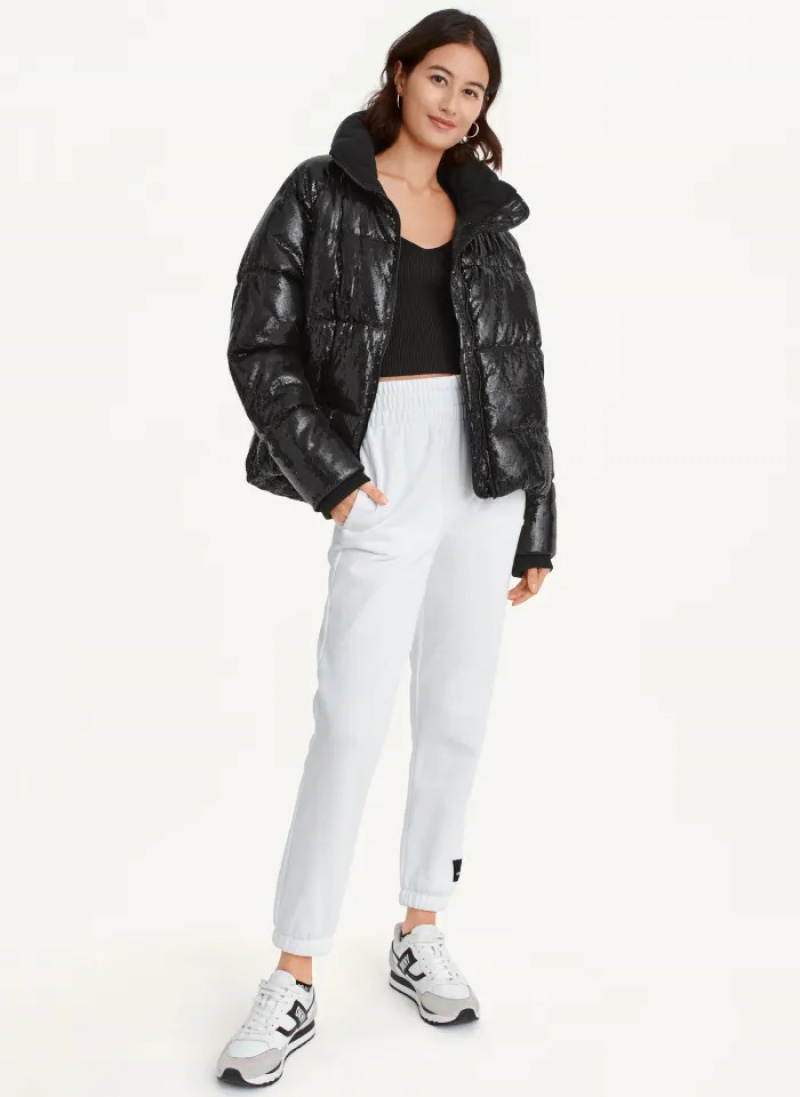 Black Women's Dkny Allover Sequin Boxy High Low Puffer Jacket | 801EWVTPH