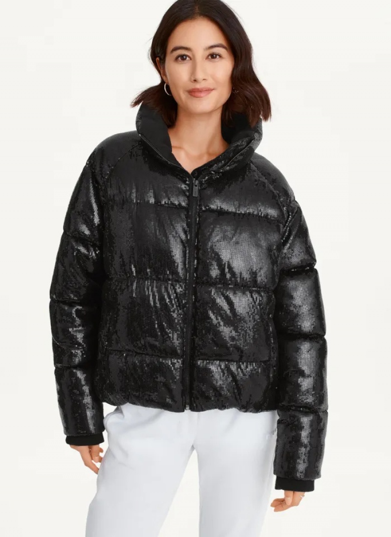 Black Women\'s Dkny Allover Sequin Boxy High Low Puffer Jacket | 801EWVTPH