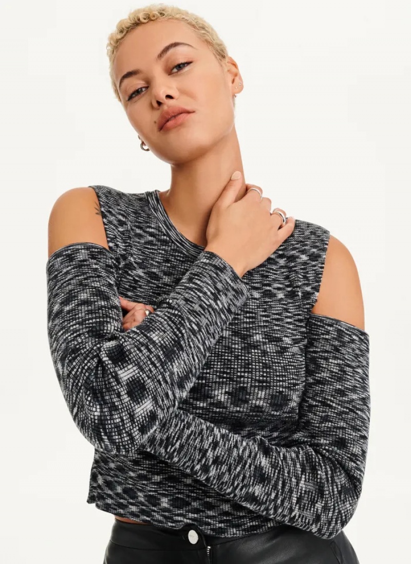 Black Women's Dkny Crewneck Cut Out Shoulder Sweaters | 758SNROWY