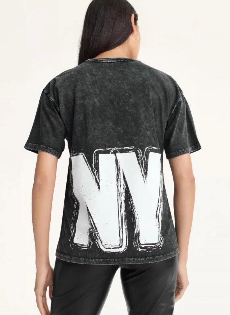 Black Women's Dkny DKNY Front And Back Sketch T Shirts | 308QBIONU