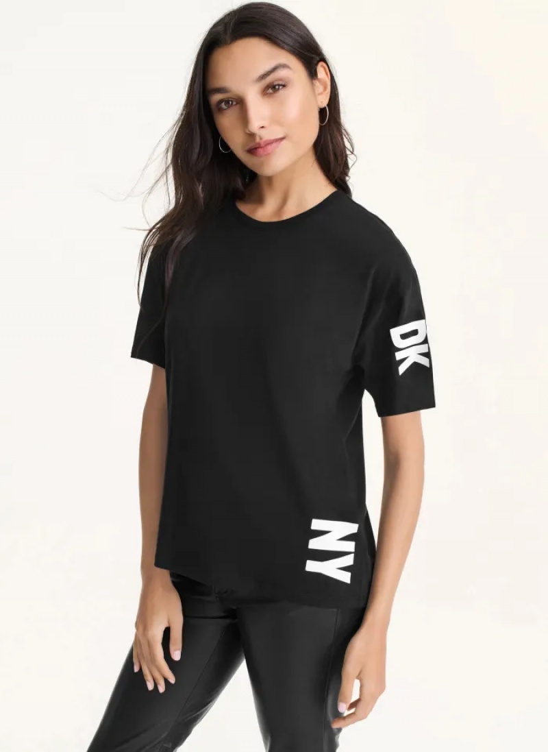 Black Women\'s Dkny DKNY Logo Shoulder T Shirts | 136QDZRCL