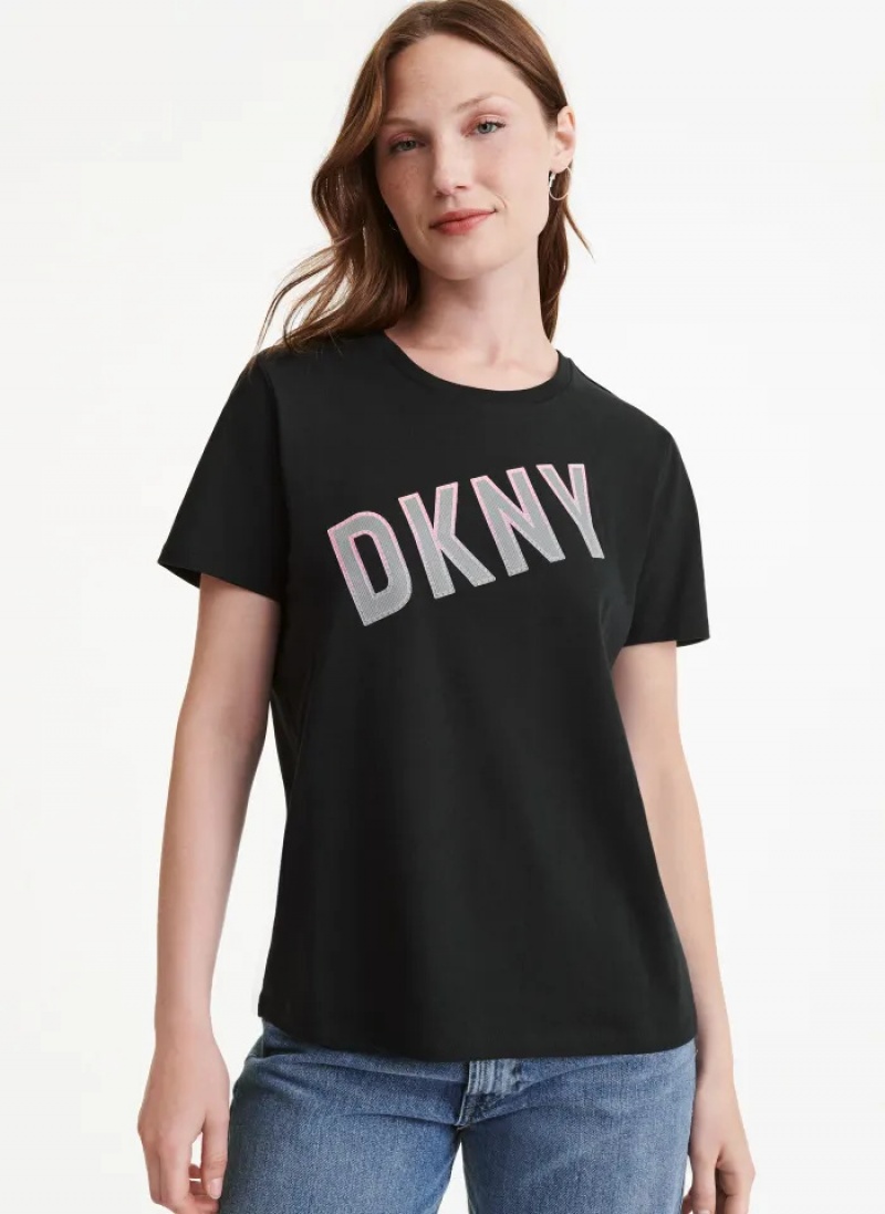 Black Women\'s Dkny Diagonal Sequin Border T Shirts | 749CWPHMR