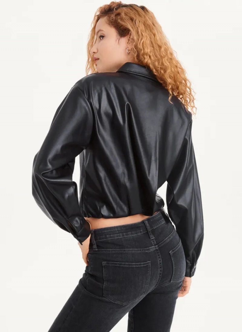 Black Women's Dkny Faux-Leather Cropped Shirts | 401BLDIWV