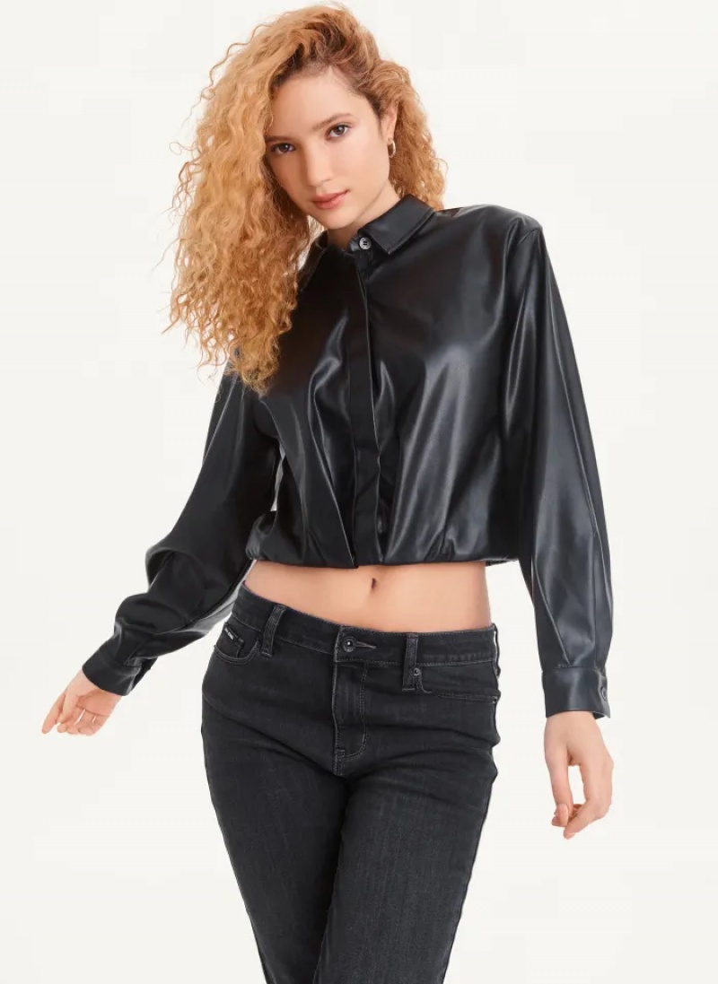 Black Women\'s Dkny Faux-Leather Cropped Shirts | 401BLDIWV
