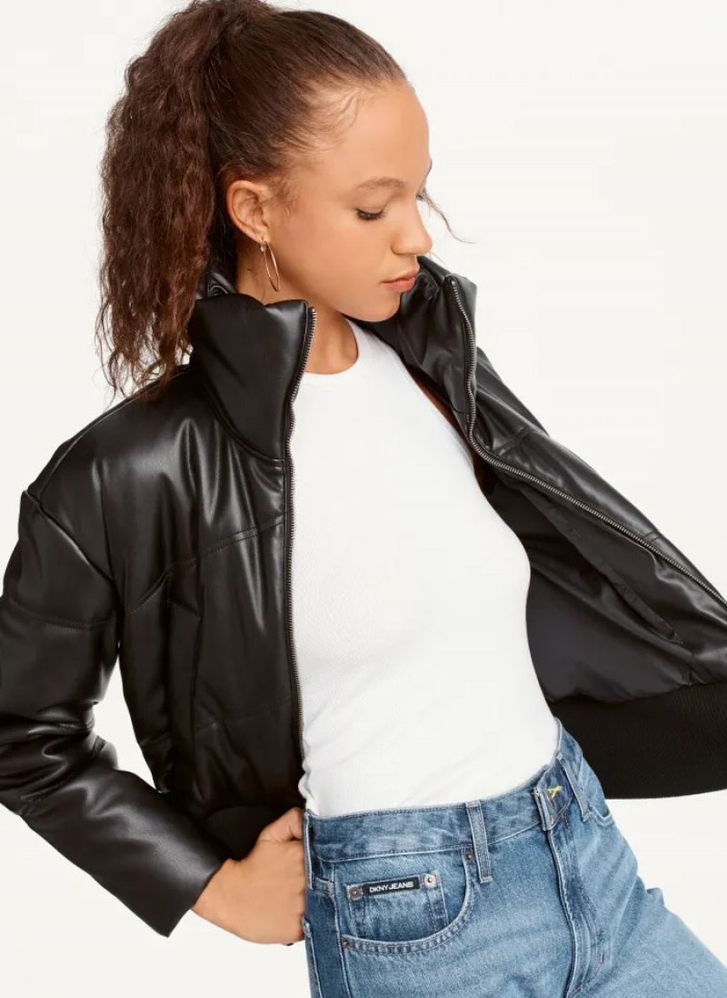Black Women's Dkny Faux Leather Cropped Bomber Jacket | 542EUIHMT