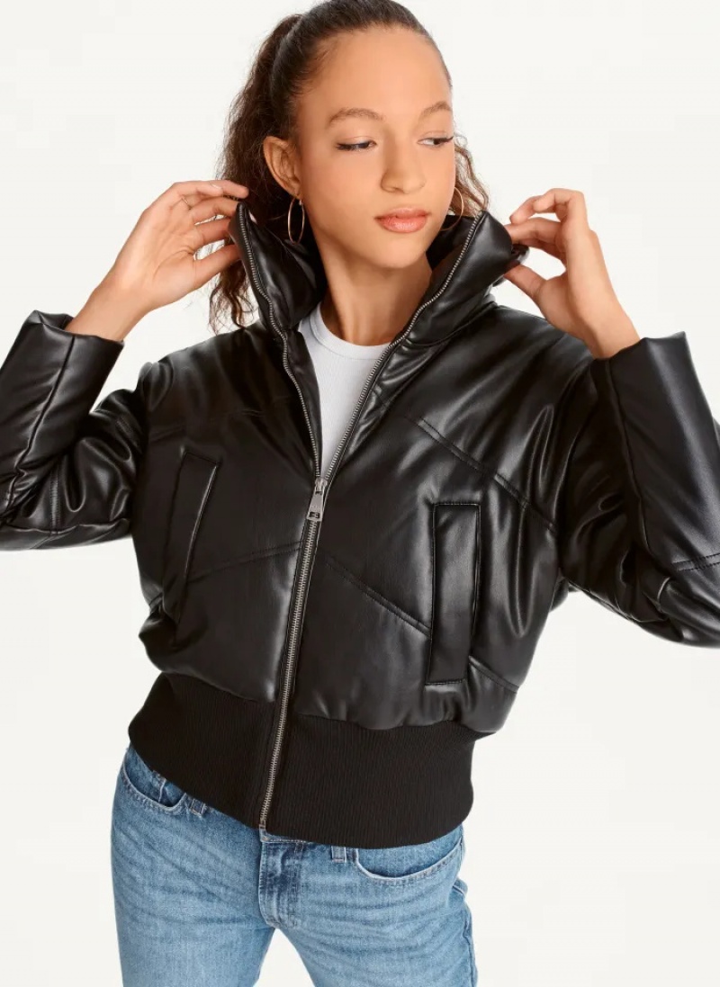 Black Women\'s Dkny Faux Leather Cropped Bomber Jacket | 542EUIHMT