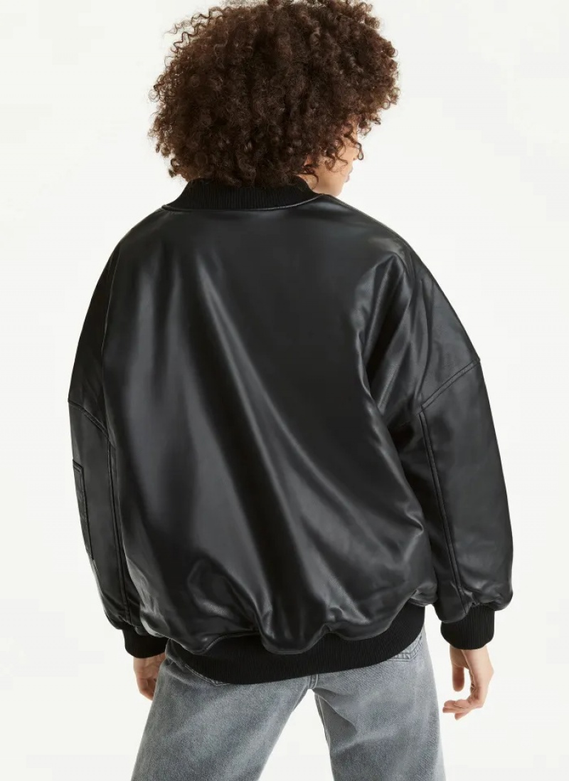 Black Women's Dkny Faux Leather Oversized Bomber Jacket | 095ENKGQD