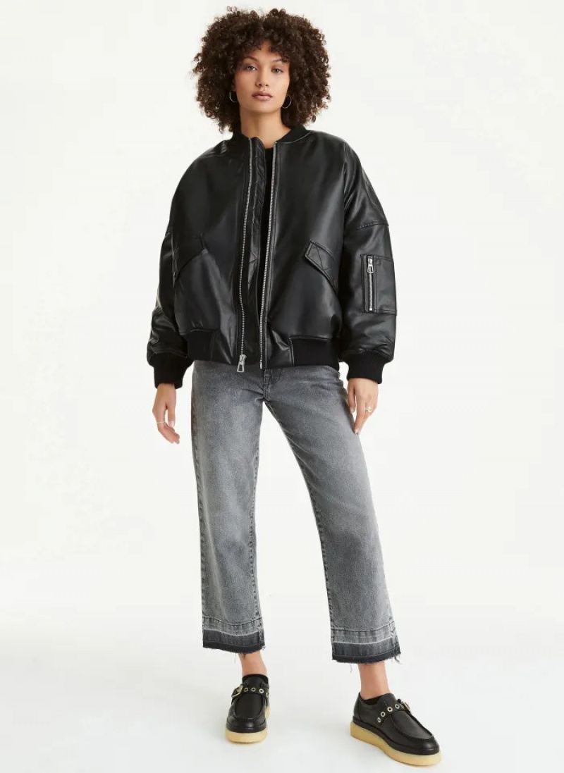 Black Women's Dkny Faux Leather Oversized Bomber Jacket | 095ENKGQD