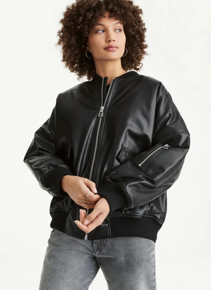 Black Women\'s Dkny Faux Leather Oversized Bomber Jacket | 095ENKGQD