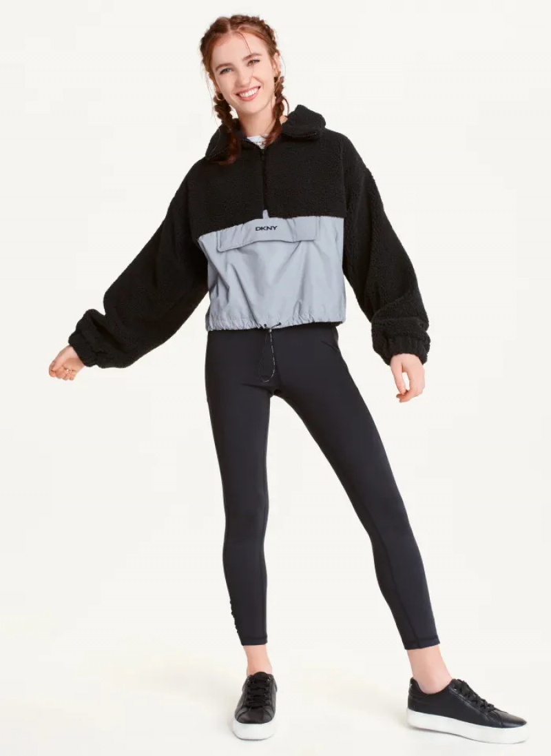 Black Women's Dkny Fleece Contrast Half-Zip Pullover | 582GNMRWX
