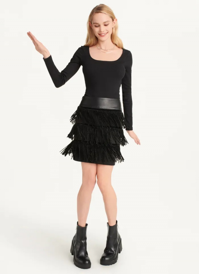 Black Women's Dkny Fringe W/ Faux Leather Waist Skirt | 732IROXKC