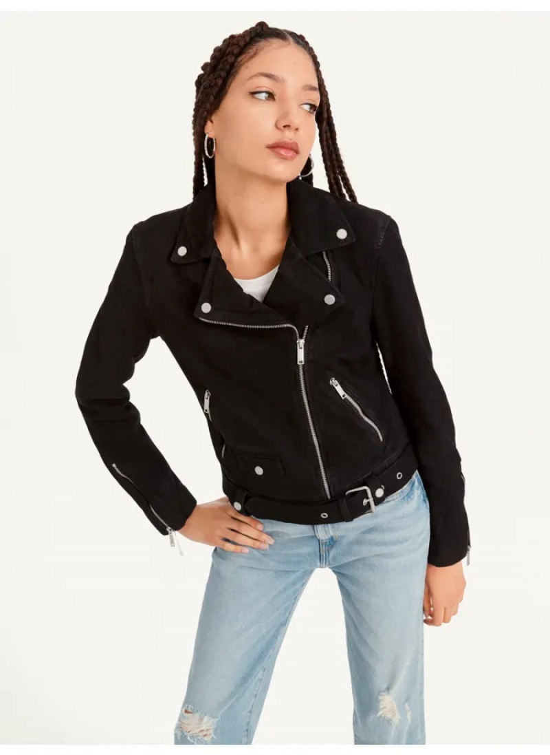 Black Women\'s Dkny Garment Dyed Leather Jacket | 923QWPVKS