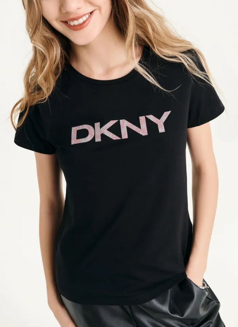 Black Women's Dkny Glitter Logo T Shirts | 246PICSQM