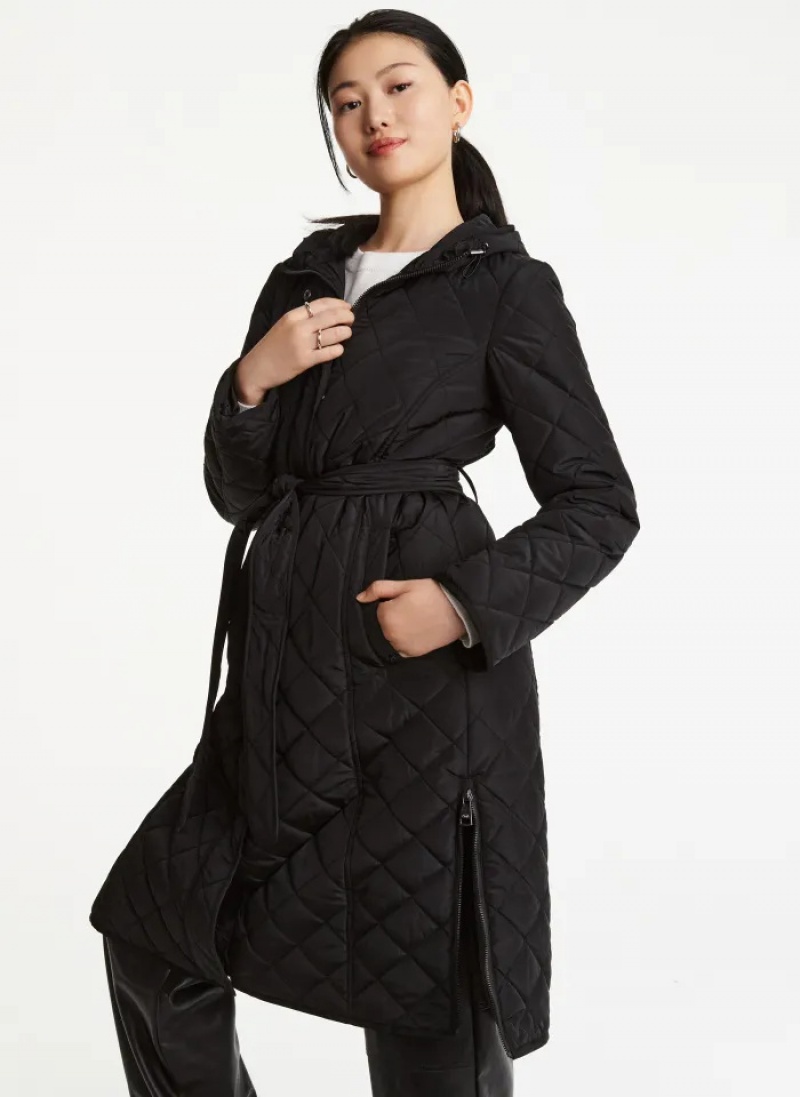 Black Women's Dkny Long Quilted Trench Coats | 209OAXYSK
