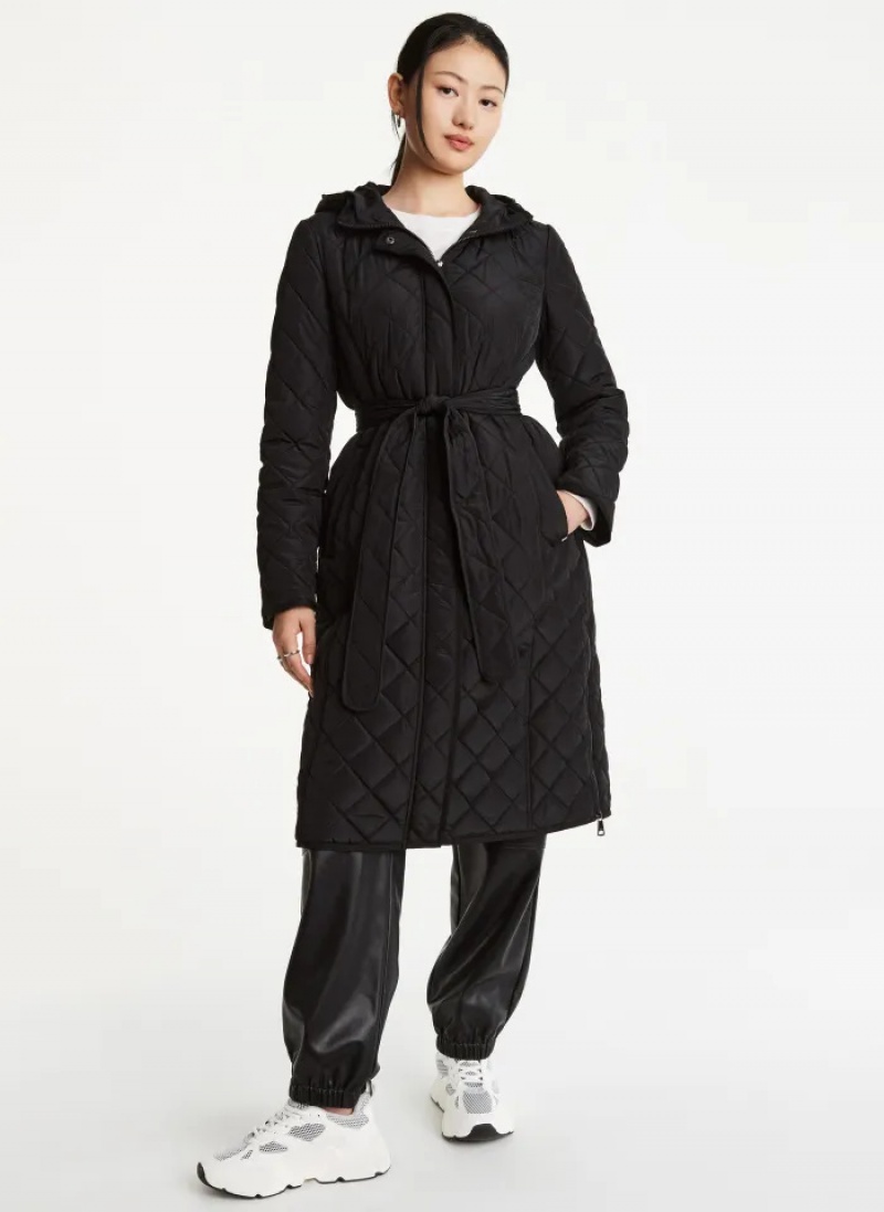Black Women\'s Dkny Long Quilted Trench Coats | 209OAXYSK