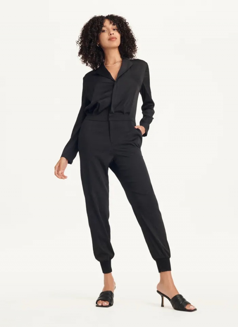 Black Women's Dkny Long Sleeve Button Front Jumpsuit | 632XBPILC
