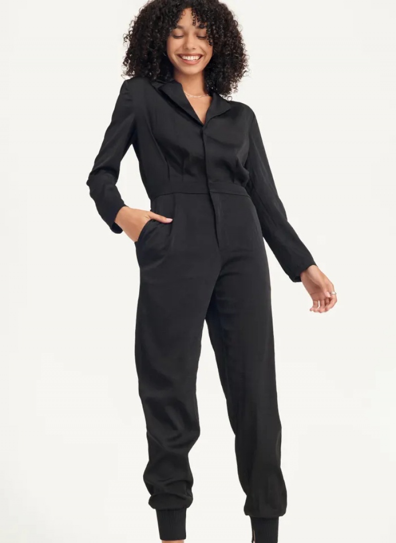 Black Women\'s Dkny Long Sleeve Button Front Jumpsuit | 632XBPILC