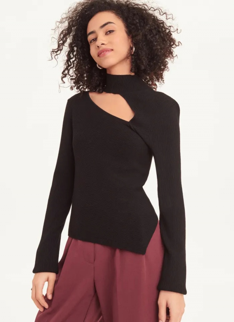 Black Women\'s Dkny Long Sleeve Cutout Mock Neck Sweaters | 571CWRYAF