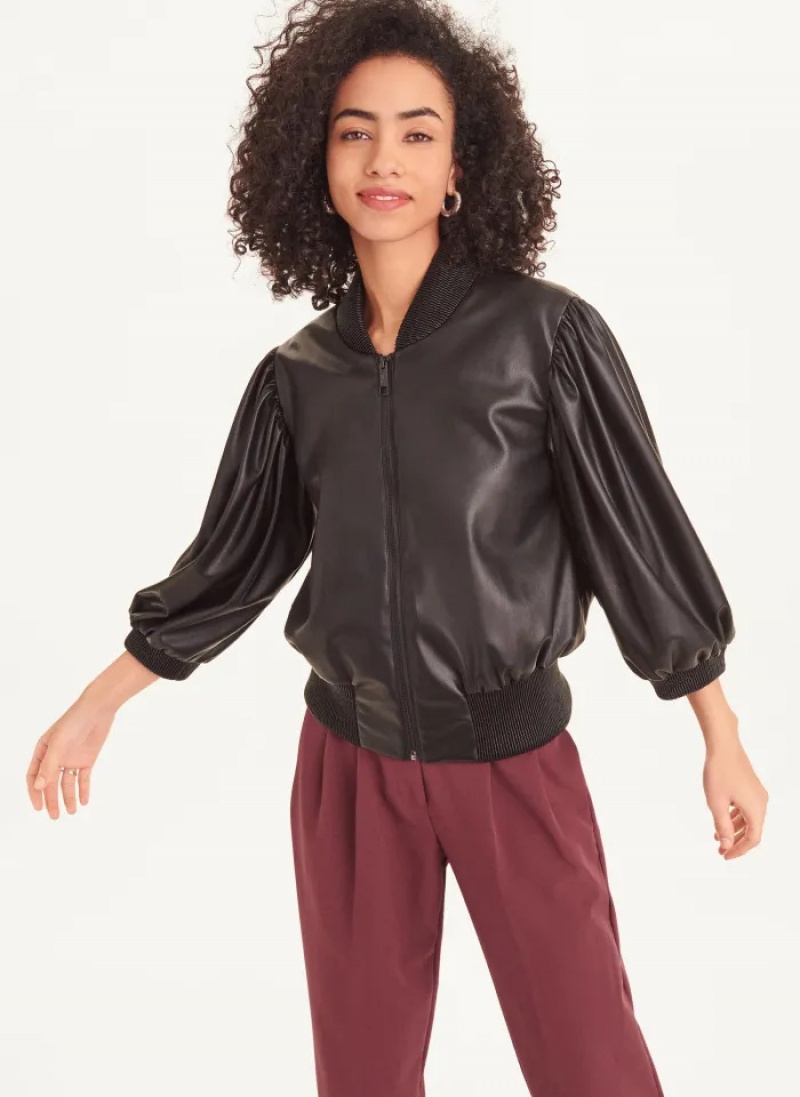 Black Women\'s Dkny Long Sleeve Faux Leather Puff Sleeve Crop Bombe Jacket | 597GTFVNB