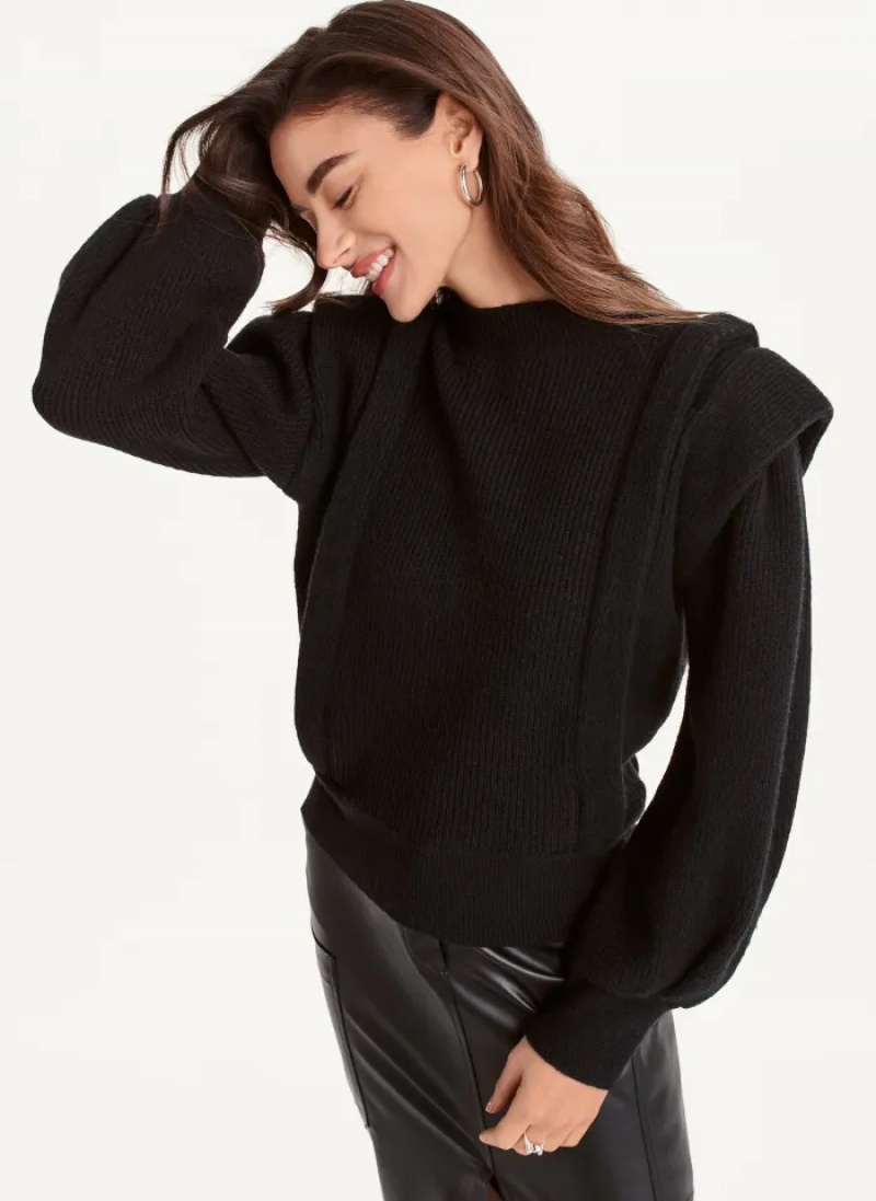 Black Women's Dkny Long Sleeve Flange Crew Neck Sweaters | 196XYUMTI