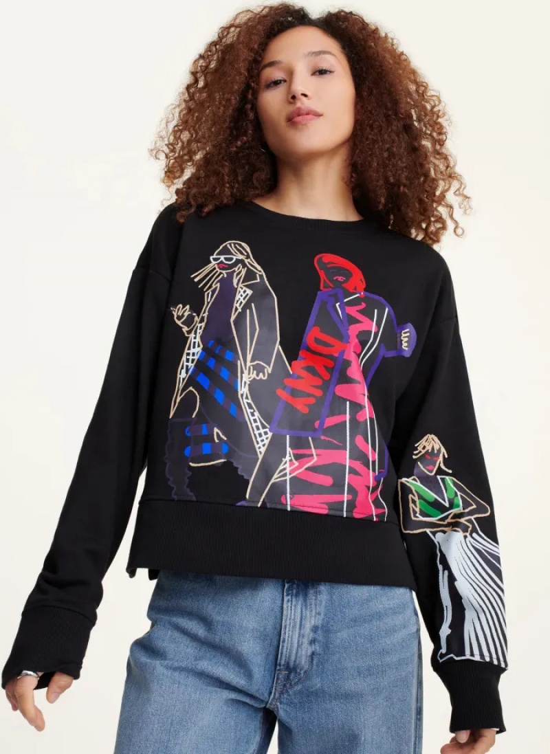 Black Women's Dkny Long Sleeve Graffiti Fashion Girls Sweatshirts | 107SEAPJI