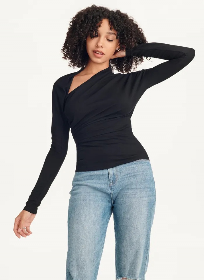 Black Women\'s Dkny Long Sleeve Side Ruched T Shirts | 401XHNAUK