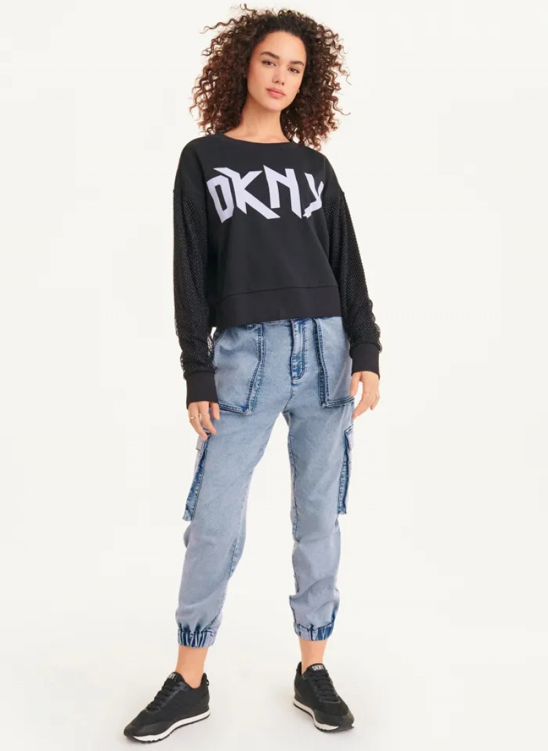 Black Women's Dkny Long Sleeves Logo Crystal Mesh Overlay Sleeves Sweatshirts | 816LGVFTB
