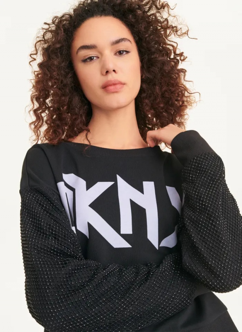 Black Women's Dkny Long Sleeves Logo Crystal Mesh Overlay Sleeves Sweatshirts | 816LGVFTB