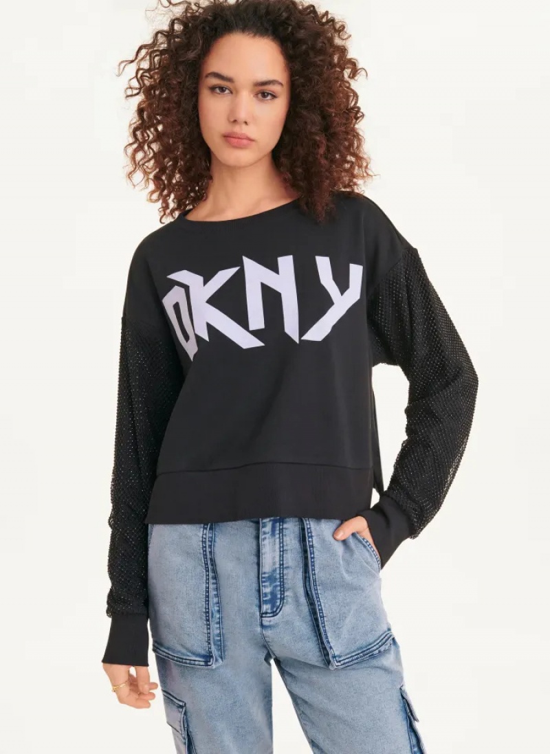 Black Women\'s Dkny Long Sleeves Logo Crystal Mesh Overlay Sleeves Sweatshirts | 816LGVFTB