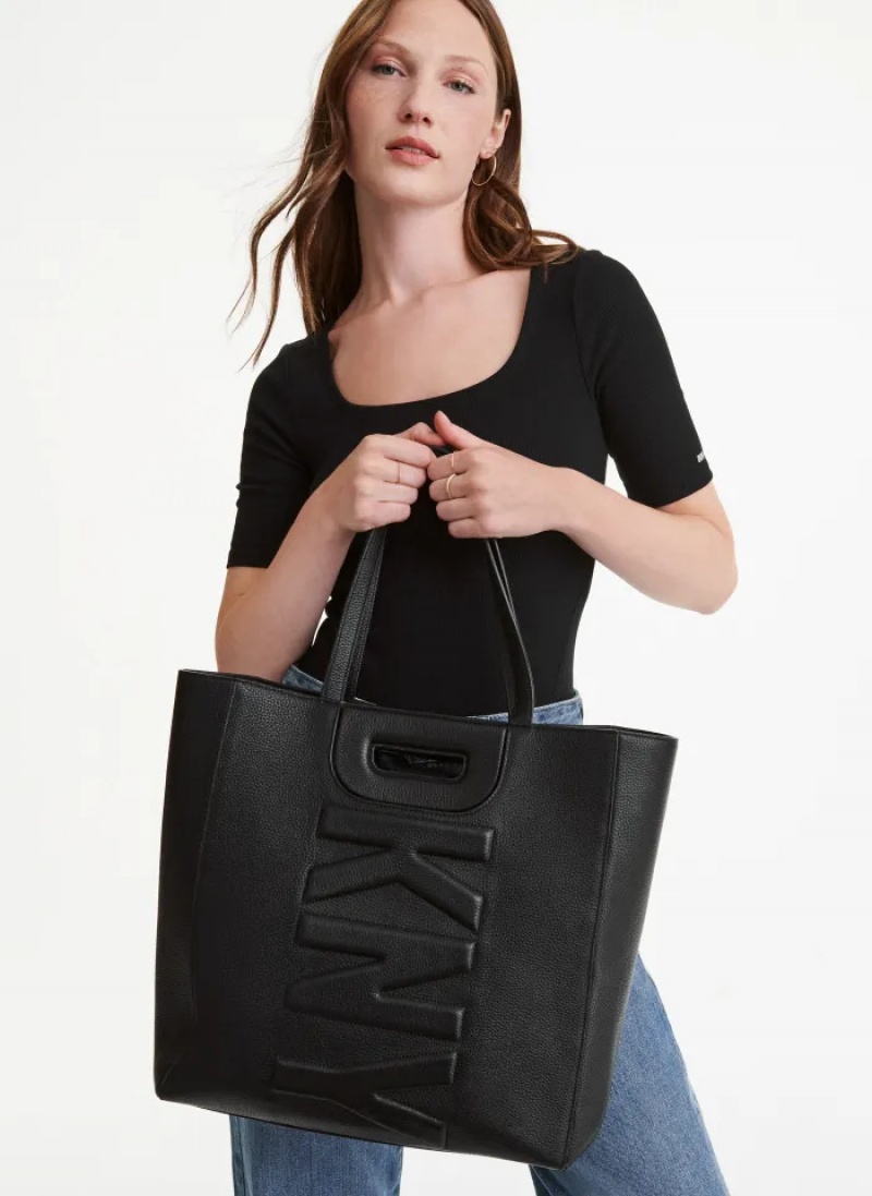 Black Women's Dkny Metro Leather Editorial Tote Bags | 940XDESGQ