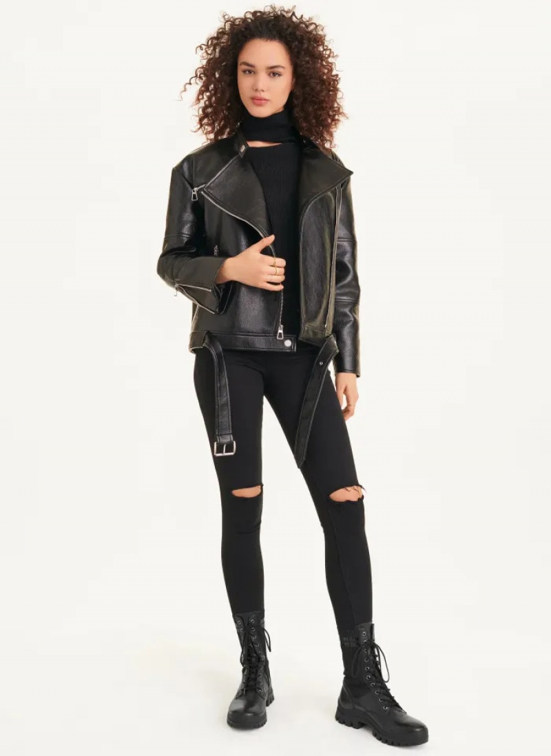 Black Women's Dkny Oversized Faux Textured Leather Moto Jacket | 368XBCDVZ
