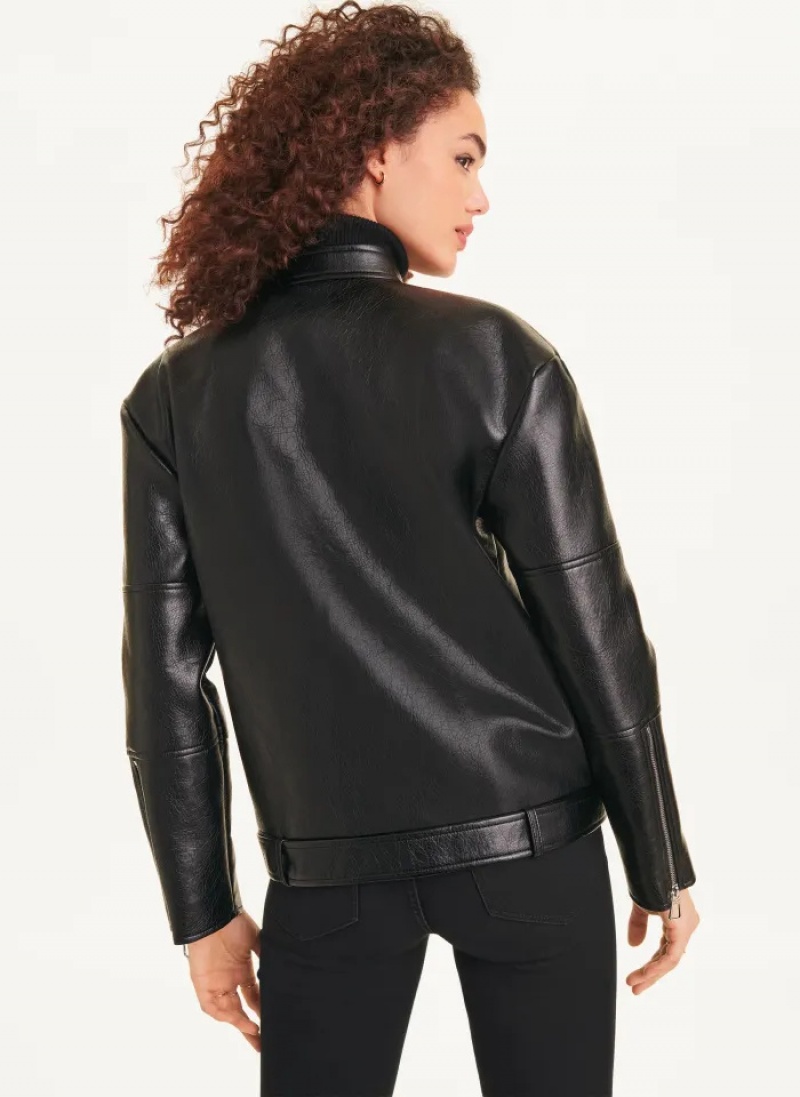 Black Women's Dkny Oversized Faux Textured Leather Moto Jacket | 368XBCDVZ