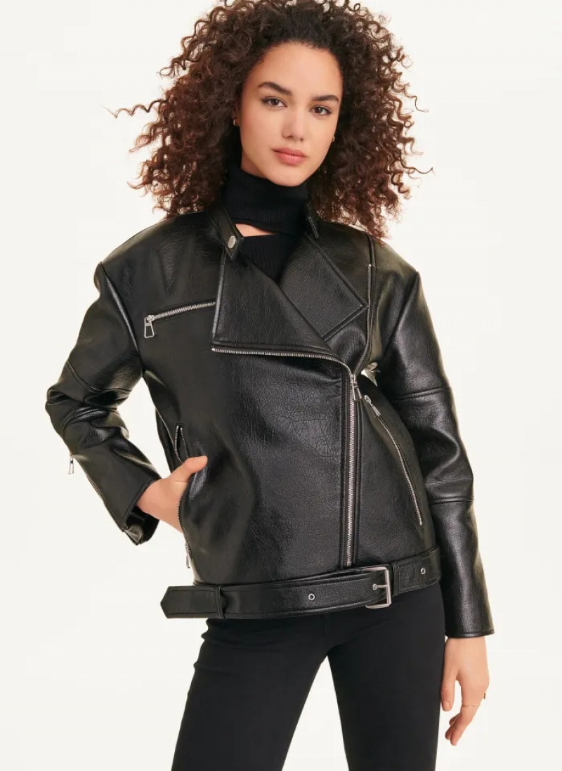 Black Women\'s Dkny Oversized Faux Textured Leather Moto Jacket | 368XBCDVZ