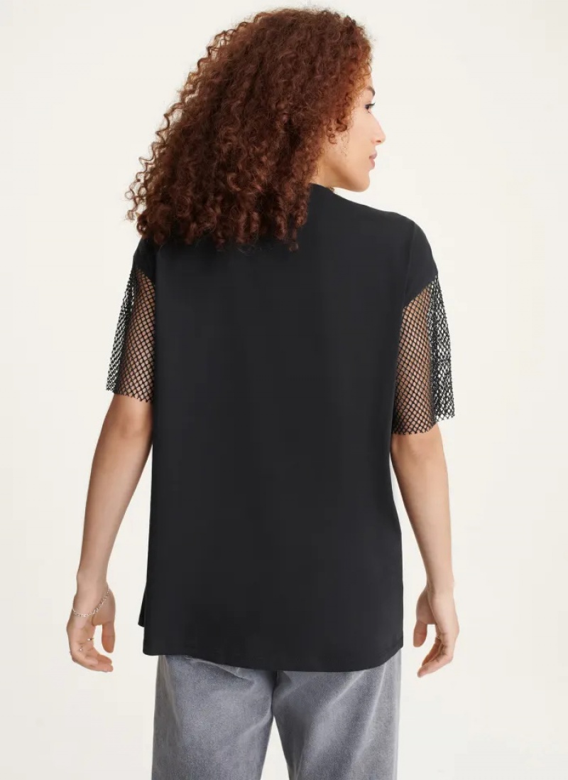 Black Women's Dkny Short Sleeve Logo Drip With Crystal Mesh Sleeves T Shirts | 425OHBXSJ