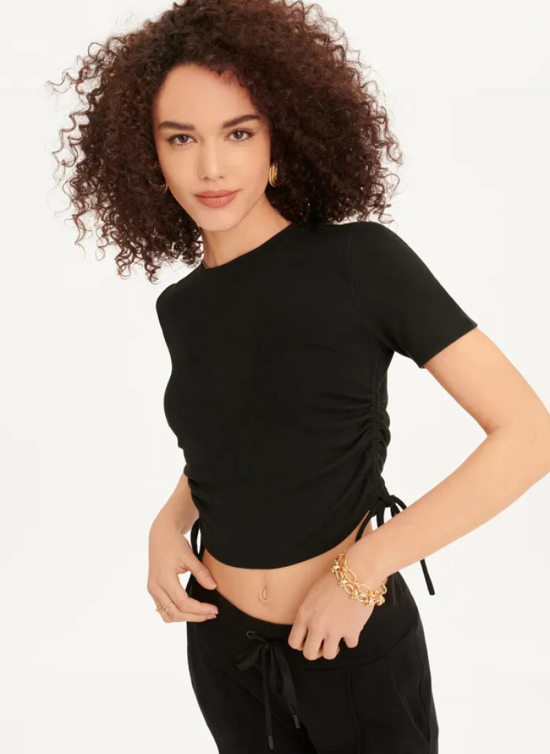 Black Women's Dkny Short Sleeve Side Ruched T Shirts | 052TVZNQJ