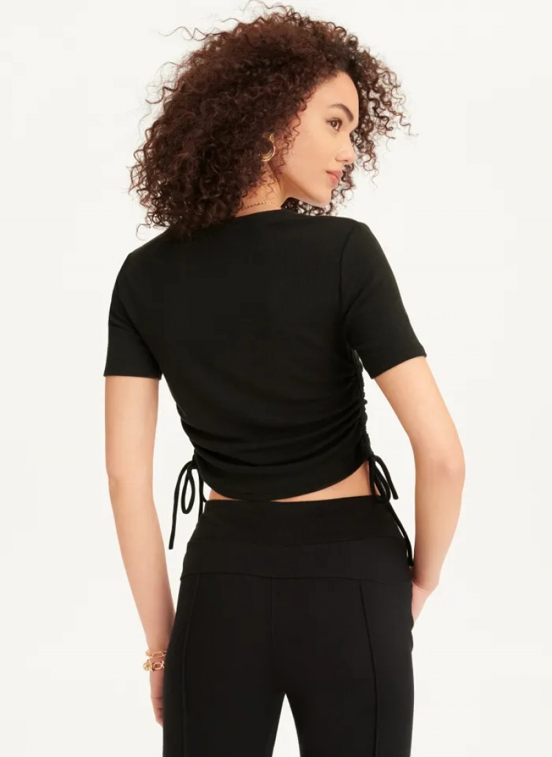 Black Women's Dkny Short Sleeve Side Ruched T Shirts | 052TVZNQJ
