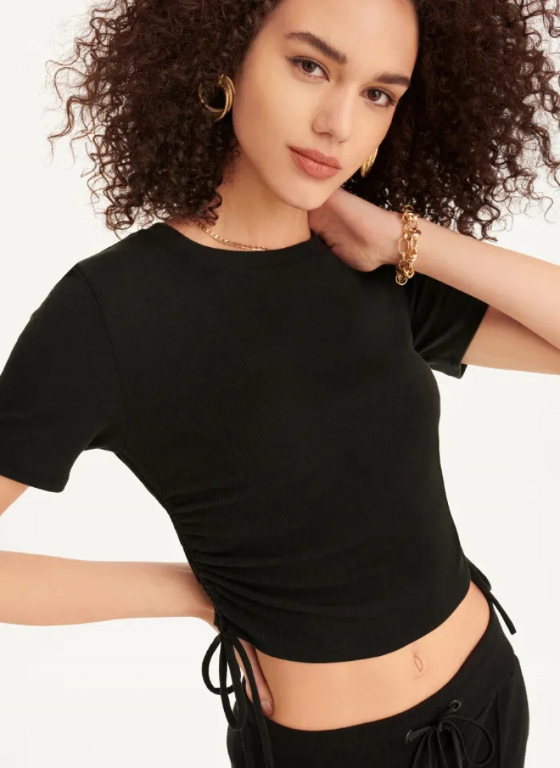 Black Women\'s Dkny Short Sleeve Side Ruched T Shirts | 052TVZNQJ