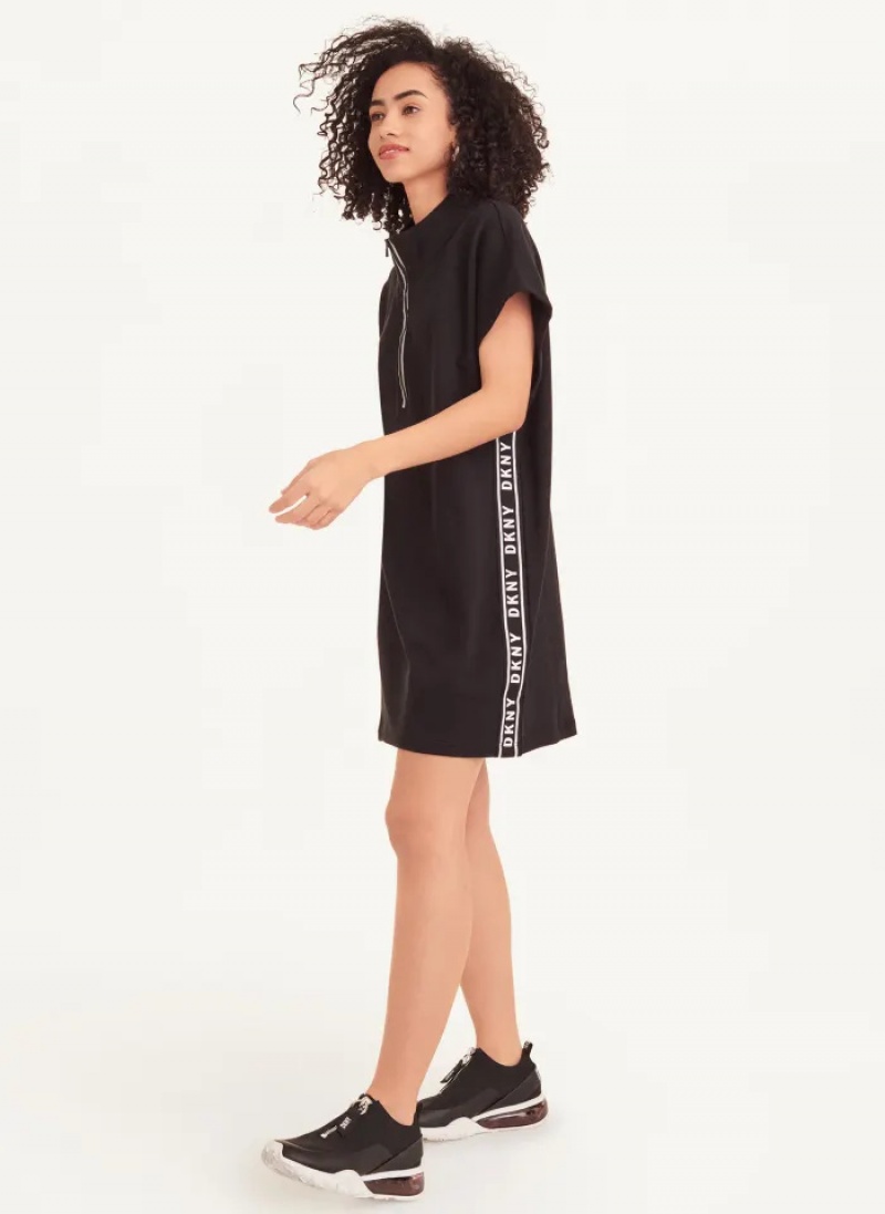 Black Women's Dkny Sleeveless Cotton French Terry & Logo Tape Dress | 592TSMKIA