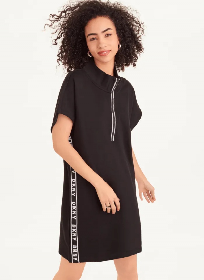 Black Women\'s Dkny Sleeveless Cotton French Terry & Logo Tape Dress | 592TSMKIA