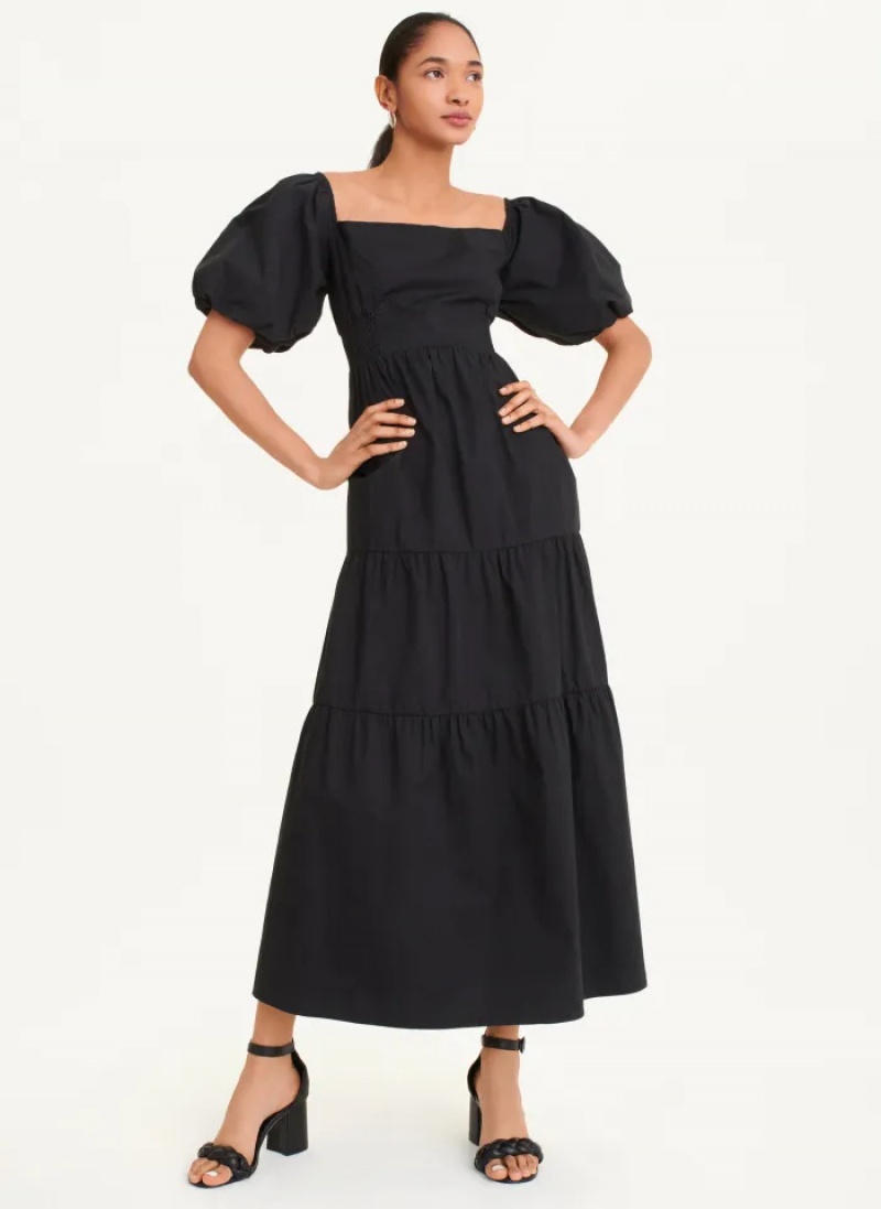 Black Women's Dkny Square Neck Tiered Poplin Dress | 134RJZYLB