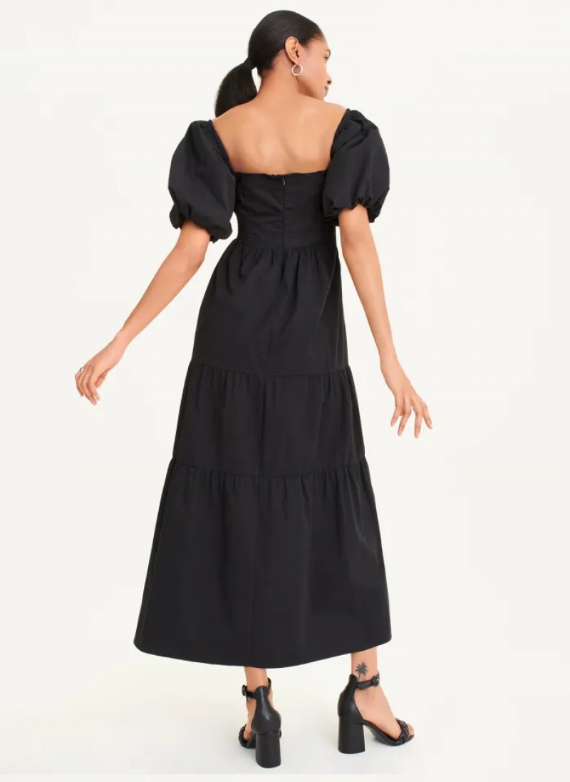 Black Women's Dkny Square Neck Tiered Poplin Dress | 134RJZYLB