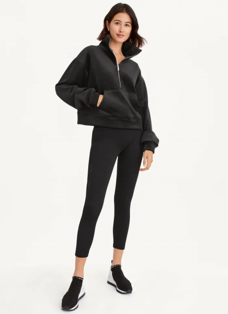Black Women's Dkny Tech Velour Rib Half Zip W/ Kanga Pocket Pullover | 365RFPXYQ