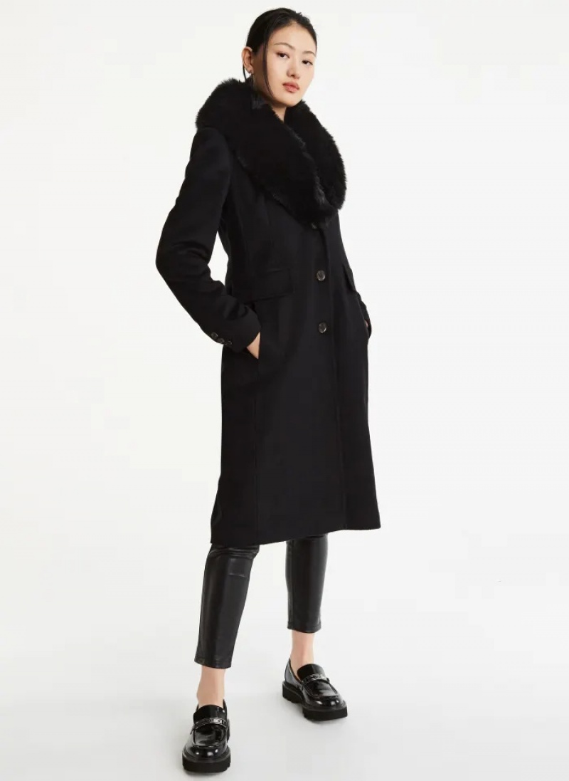Black Women's Dkny Wool Faux Fur Collar Coats | 430KIMJUQ