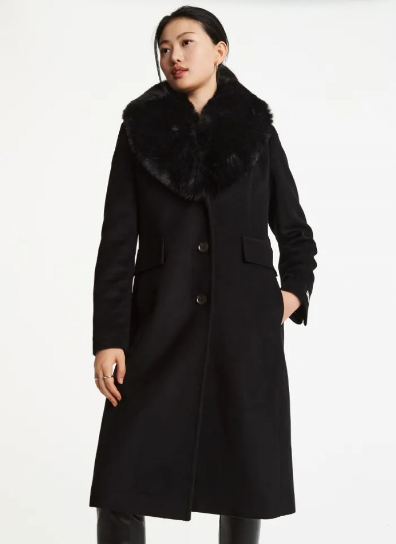 Black Women\'s Dkny Wool Faux Fur Collar Coats | 430KIMJUQ