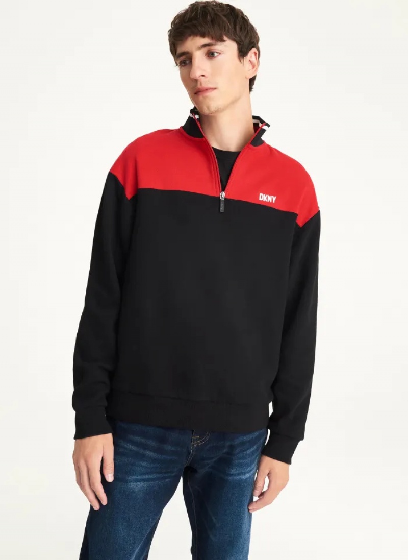 Black / Red Men\'s Dkny Fleece Half Zip Colorblock Pullover | 034DCYNSV