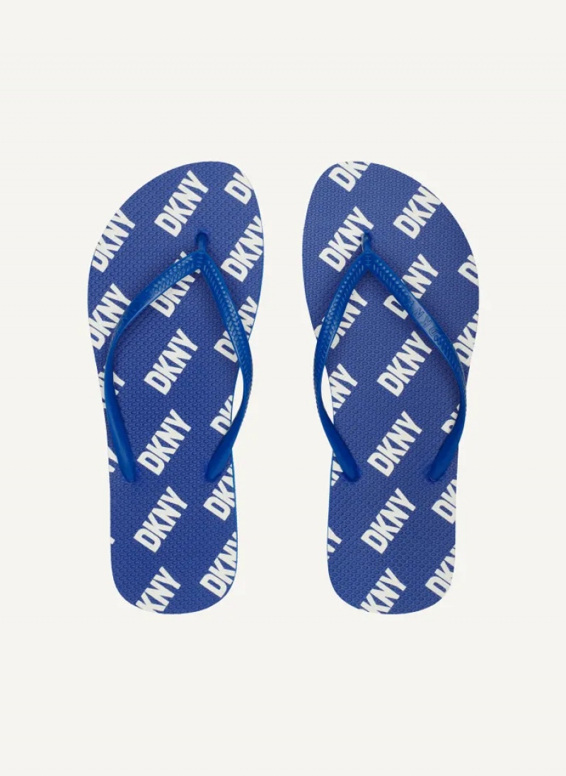 Blue Men\'s Dkny Allover Logo Flip Flops | 149LBFMKX