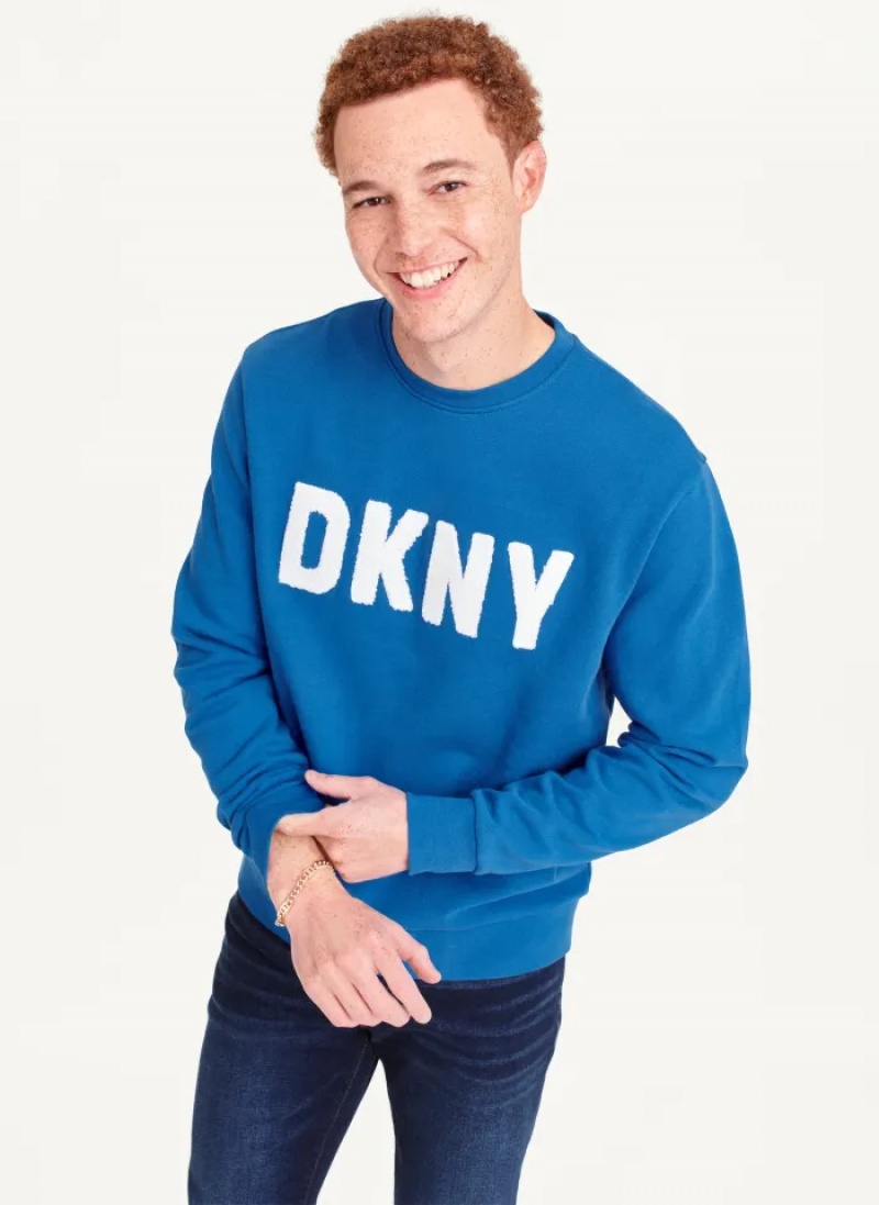 Blue Men\'s Dkny Chenille Logo Crewneck Sweaters | 356DQTIGV