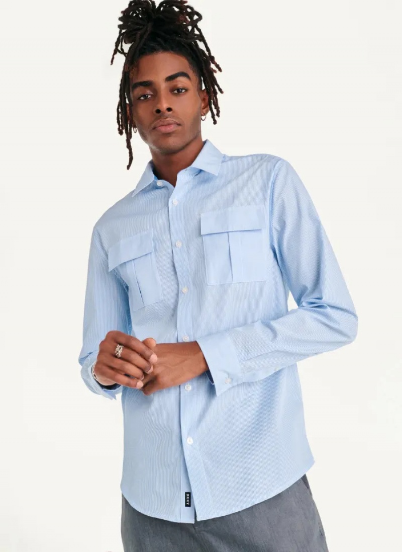 Blue Men\'s Dkny Colorblocked Stripe Woven Shirts | 269OXQDHU