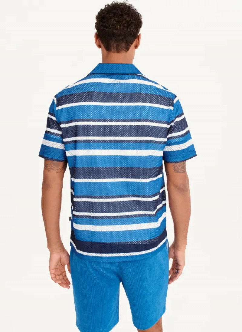 Blue Men's Dkny Mesh Stripe Camp Shirts | 821WYPHTA