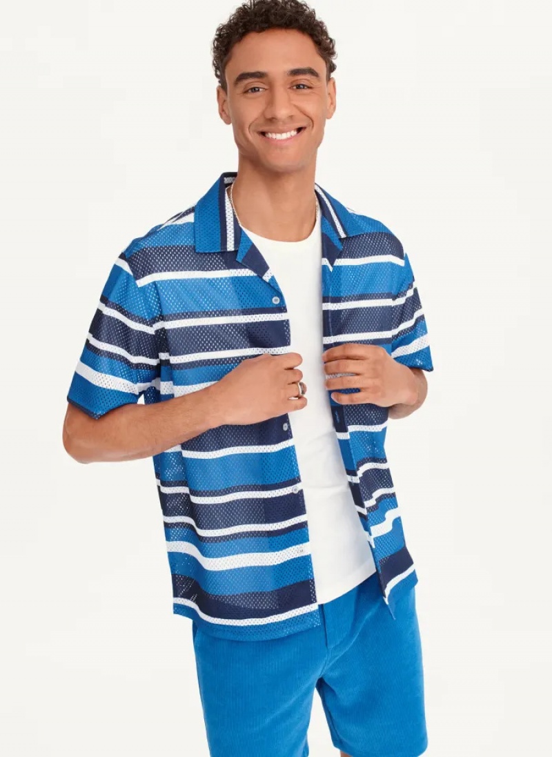 Blue Men\'s Dkny Mesh Stripe Camp Shirts | 821WYPHTA